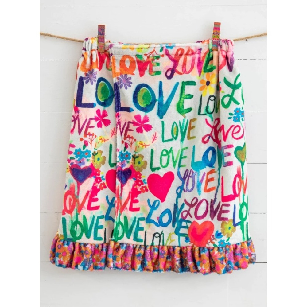 Natural Life Love Graffiti Spa Wrap Ruffle Hem Plush Towel Robe White L/XL - Picture 3 of 8